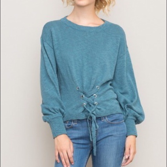 Boutique Tops - BLUE COTTON TIE FRONT BALLOON SLEEVE SWEATER